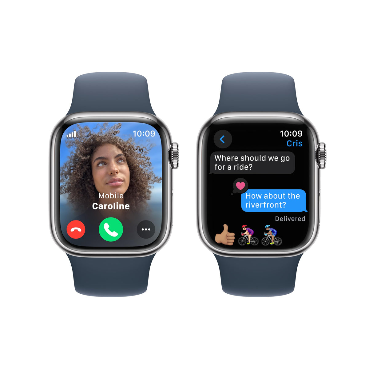 Apple Watch Series 9 (GPS + Cellular) 41mm Silver Stainless Steel Case w/ Storm Blue Sport Band - S/M - MRJ23LL/A