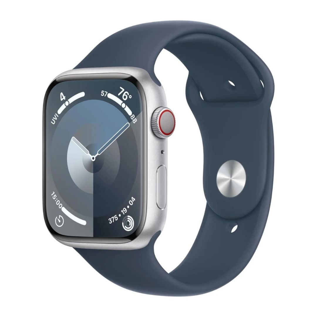 Apple Watch Series 9 (GPS + Cell) 45mm Silver Aluminum Case w/ Storm Blue Sport Band - S/M
