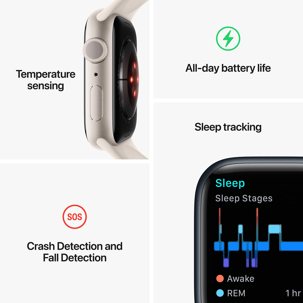 Apple Watch Series 8 (GPS) 41mm Aluminum Case w/ White Band - M/L Silver - MP6M3LL/A