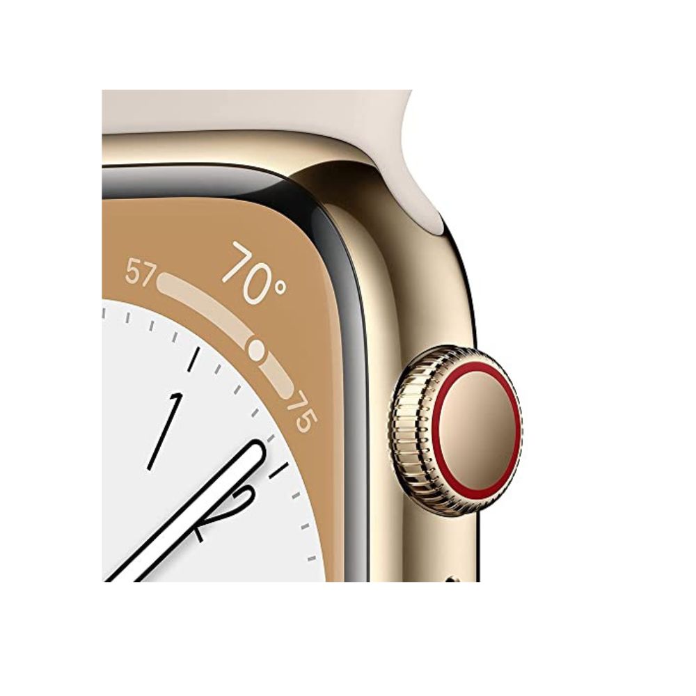 Apple Watch Series 8 (GPS + Cellular) 45mm Gold Stainless Steel Case with Starlight Sportband - S/M - MNVX3LL/A