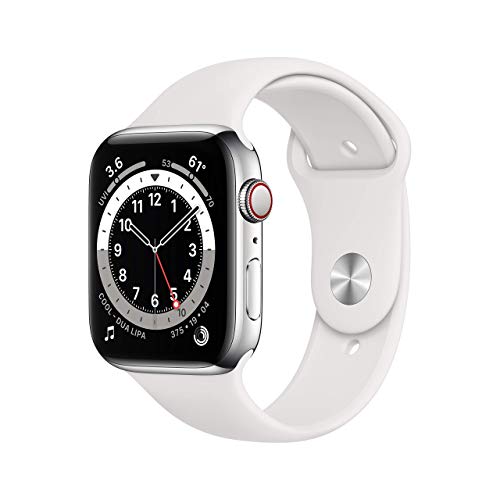Apple Watch Series 6 (GPS+Cellular) 44mm Stainless Steel w/White Sports Band - M07L3LL/A